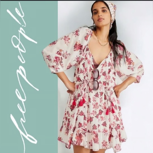 Free People Carmella Mini Floral Boho Cotton Dress Pink Florals - Picture 2 of 16